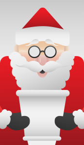 Santa Clause reading a Christmas wish list.