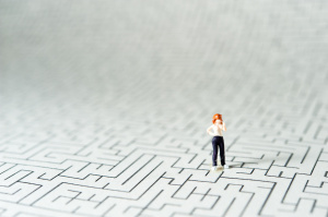 Woman toy figure on top of a large maze